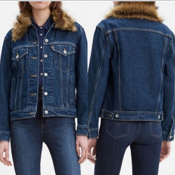 NWT Levi's Quilted Dark Wash Fur Collar Denim Trucker Jacket Size Small - Picture 8 of 8